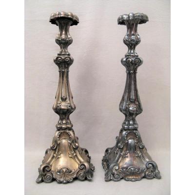 Pair Of Silver Metal Church Candlesticks XIX