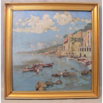 Huile sur toile signée C. Poggianti la côte Almafitaine en Italie début XX siècle