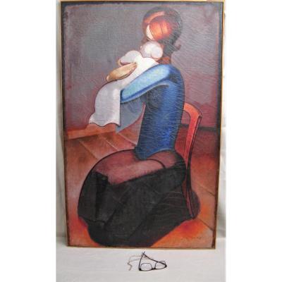 Grand tableau huile sur toile  signé Louis Peronne " la maternité " XX ème siècle