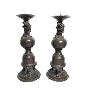Pair Of Spades Candles With Dragons In Bronze XIXth Century