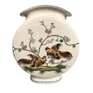 Tergnier Ceramic Vase Decorated With A 19th Century Cockfight