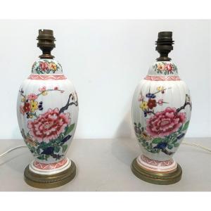 Pair Of Painted And Enamelled Porcelain Lamps