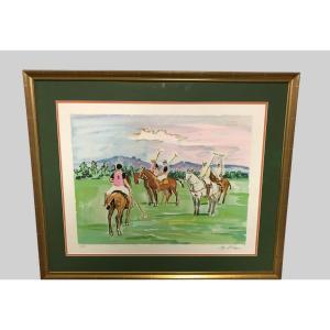 Tableau lithographie par Brayer joueurs de polo XXème siècle