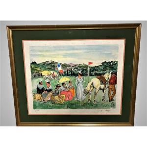 Lithograph Painting By Brayer 20th Century Horse Race