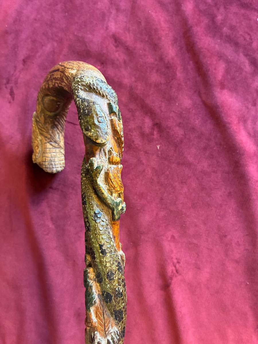 Polychrome Folk Art Cane With A Stork Design-photo-2