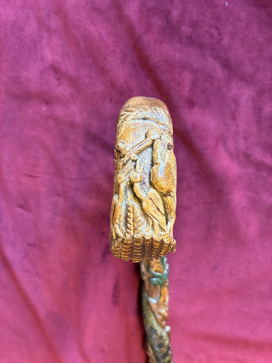 Polychrome Folk Art Cane With A Stork Design-photo-3