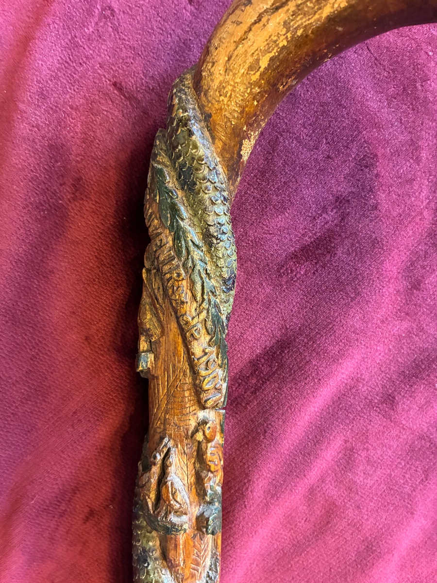 Polychrome Folk Art Cane With A Stork Design-photo-4