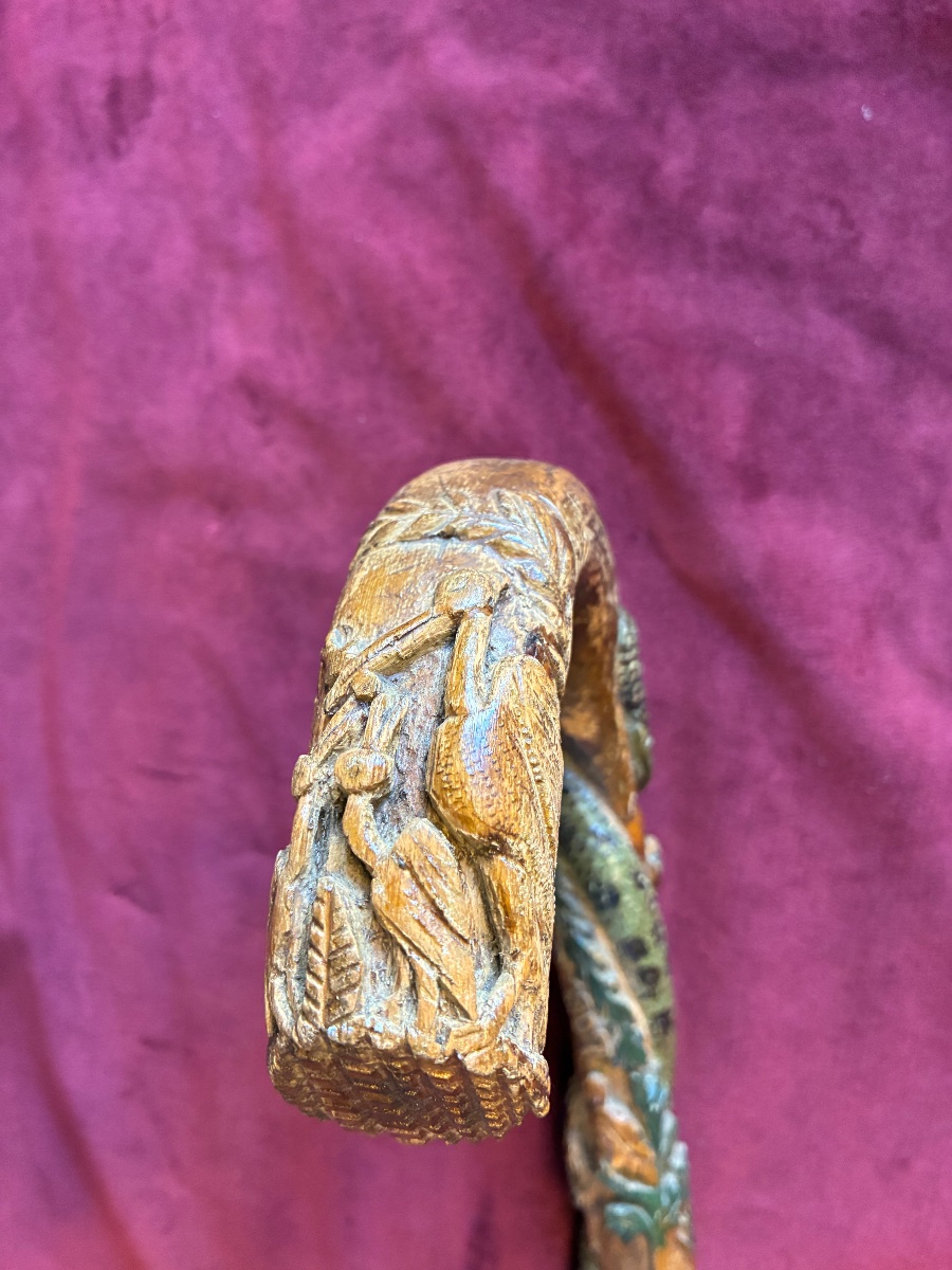Polychrome Folk Art Cane With A Stork Design-photo-2
