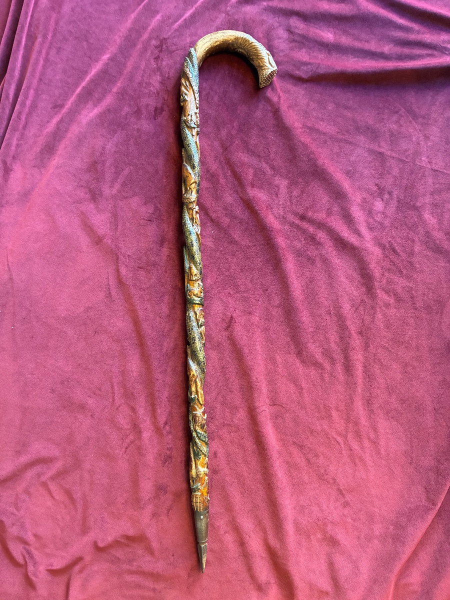 Polychrome Folk Art Cane With A Stork Design