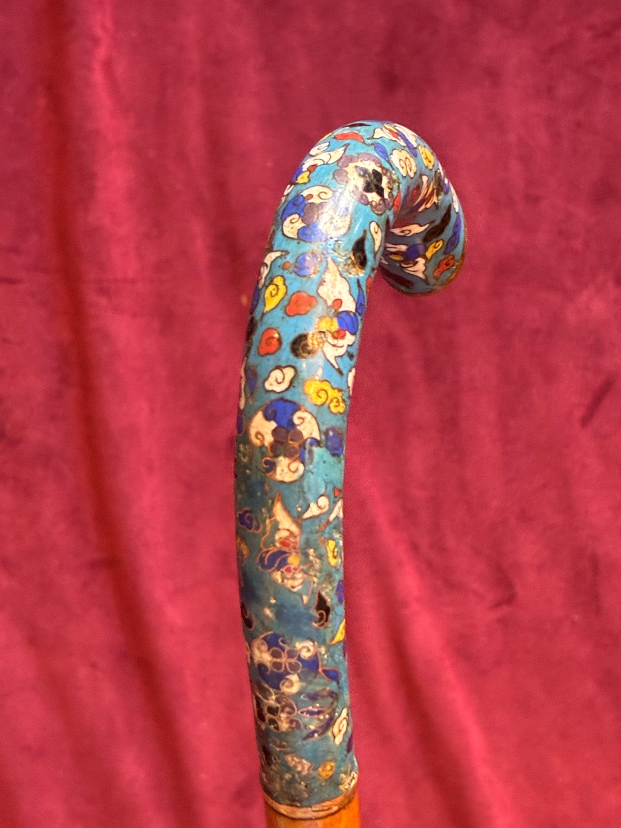 Antique Cane With A Cloisonné Enamel Pommel -photo-3