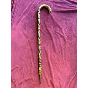Polychrome Folk Art Cane With A Stork Design