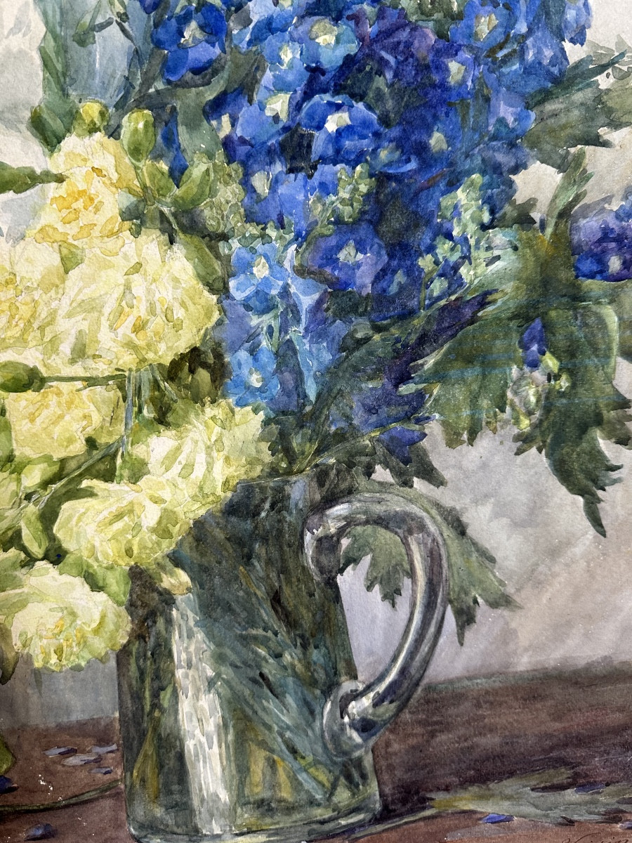Large Watercolor Of Flowers By Elise Voisin, Late 19th Century-photo-3