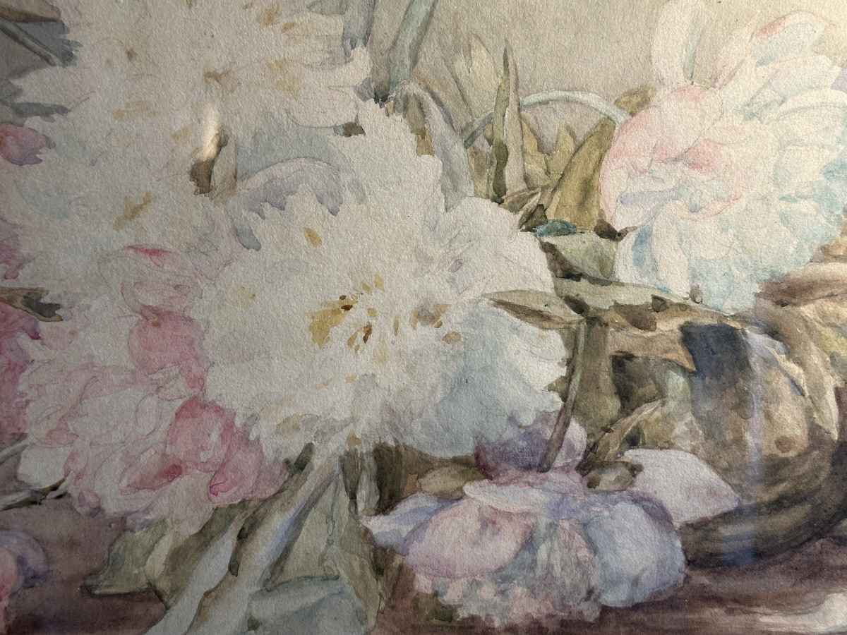 Grande Aquarelle De Fleurs Par Elise Voisin Fin 19 E-photo-3