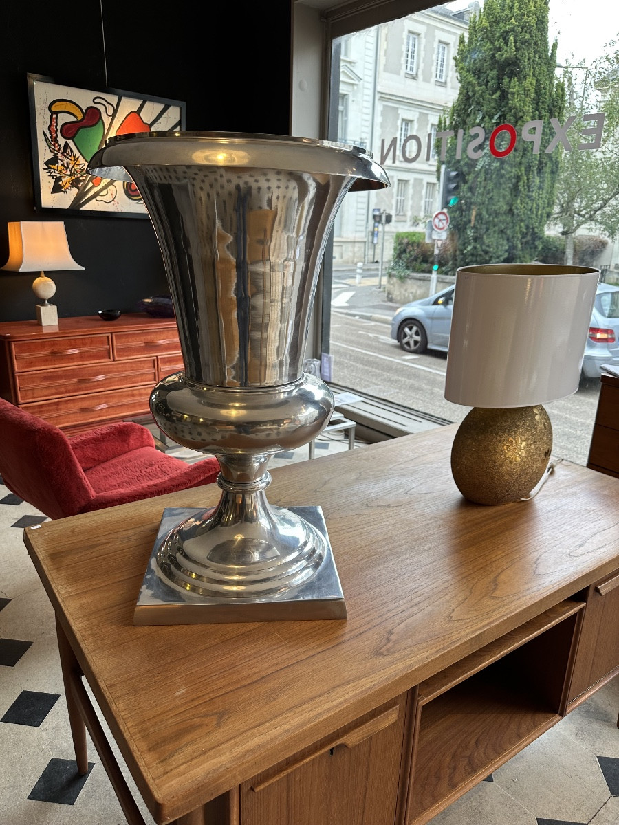 Grand vase Médicis année 70 en fonte d aluminium poli-photo-2