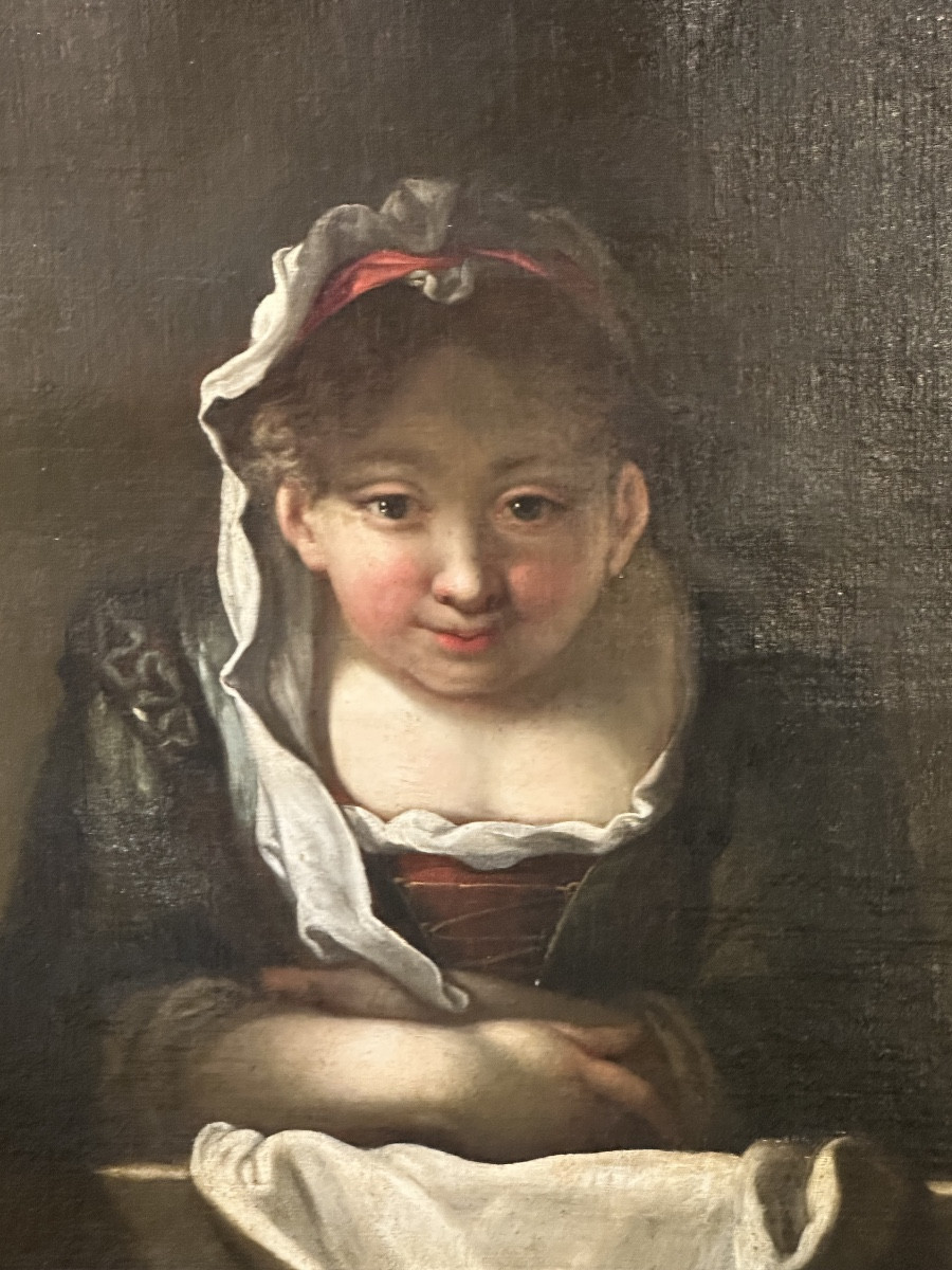 Portrait de femme à la fenêtre fin 17e suiveur de Jean Raoux. -photo-4