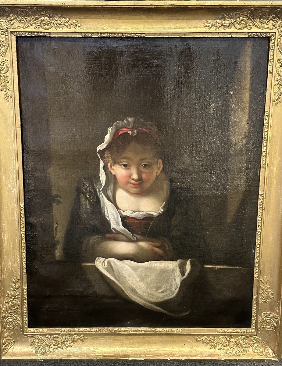 Portrait de femme à la fenêtre fin 17e suiveur de Jean Raoux. 