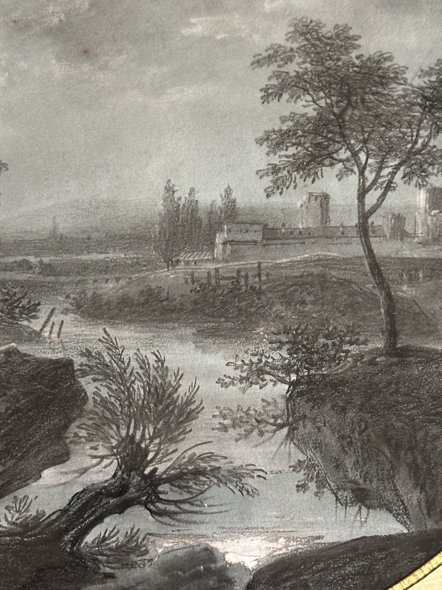 Dessin néoclassique sur papier bleu rehauts de gouache fin 18eme-photo-2