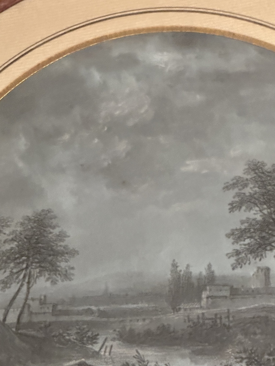 Dessin néoclassique sur papier bleu rehauts de gouache fin 18eme-photo-2