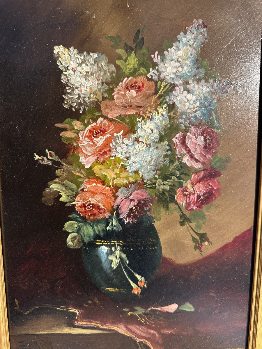 Bouquet Of Flowers Signed Darty, Born In 1875, Oil On Mahogany Panel -photo-2