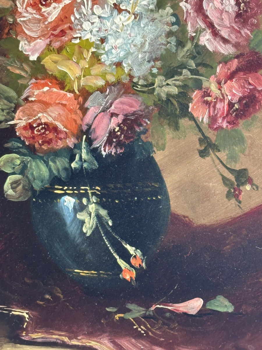 Bouquet Of Flowers Signed Darty, Born In 1875, Oil On Mahogany Panel -photo-4
