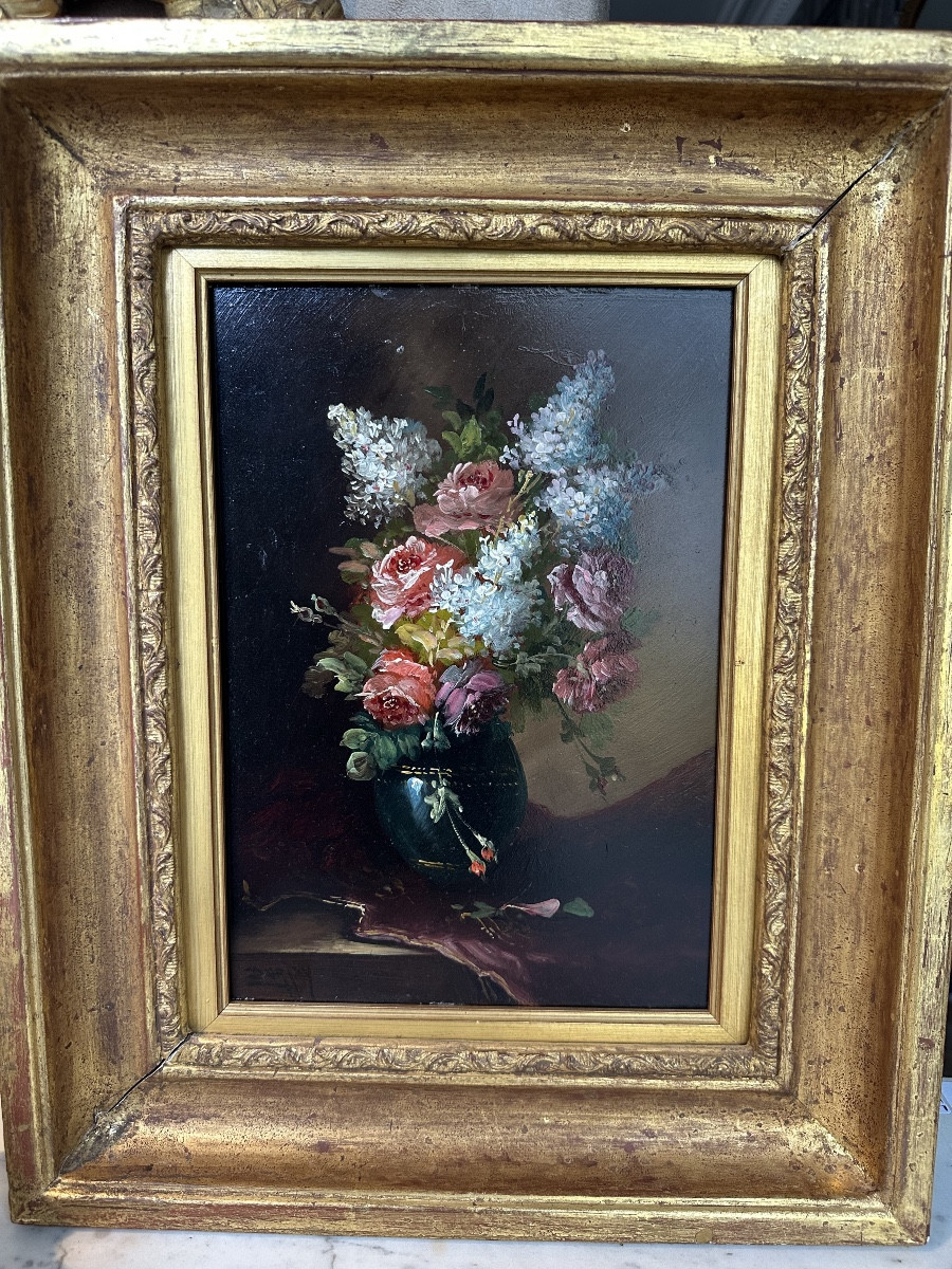 Bouquet Of Flowers Signed Darty, Born In 1875, Oil On Mahogany Panel 