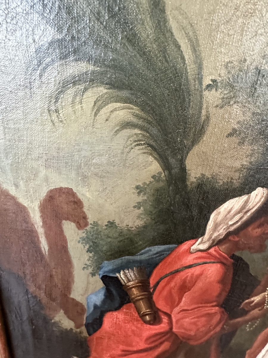 Huile sur Toile 18eme siècle Jacob tombe amoureux de Rachel au puit-photo-4