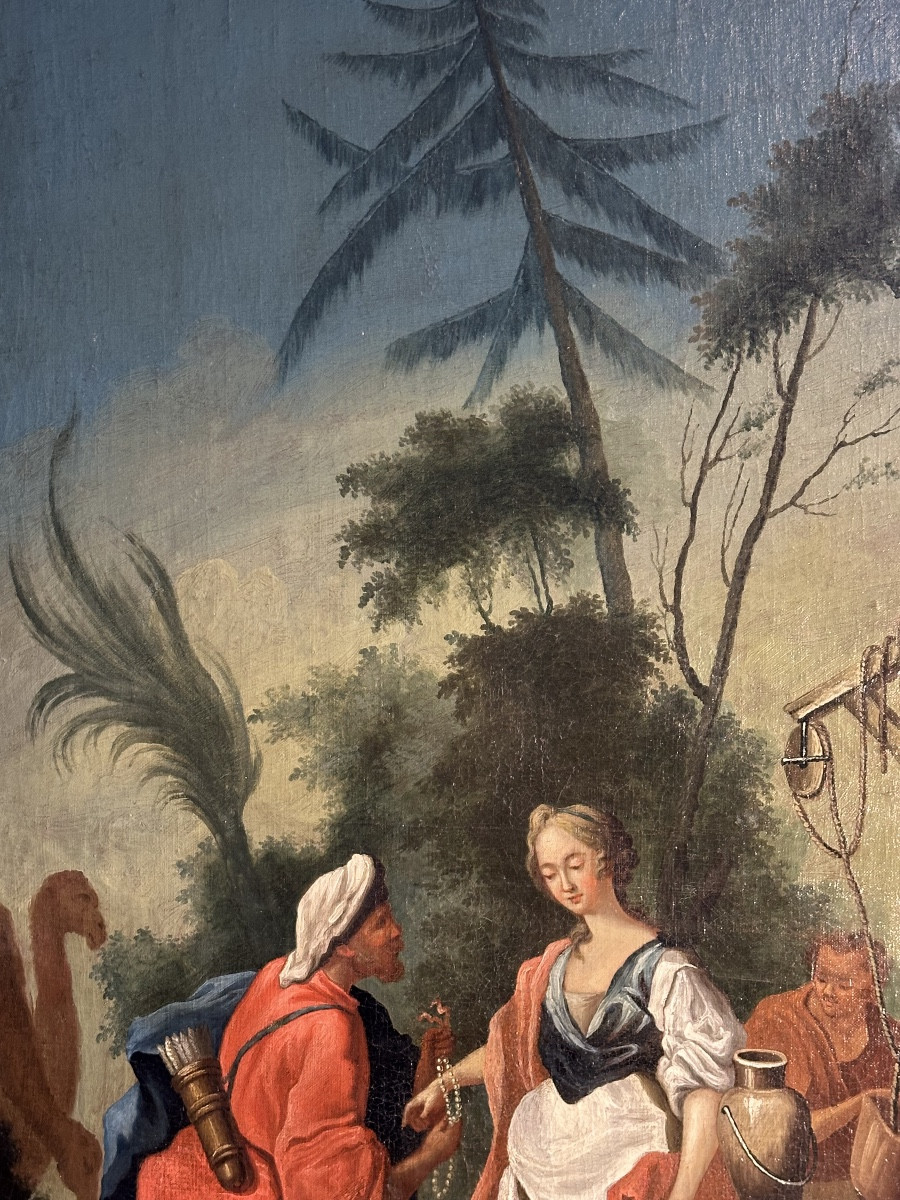 Huile sur Toile 18eme siècle Jacob tombe amoureux de Rachel au puit-photo-3