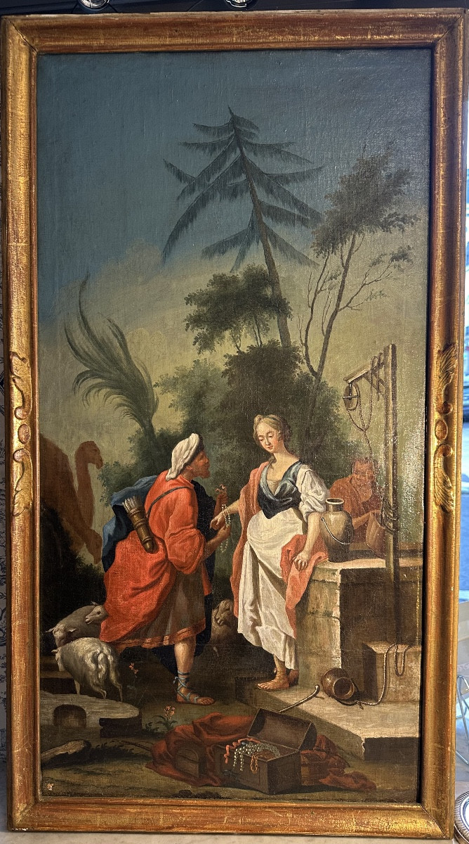 Huile sur Toile 18eme siècle Jacob tombe amoureux de Rachel au puit