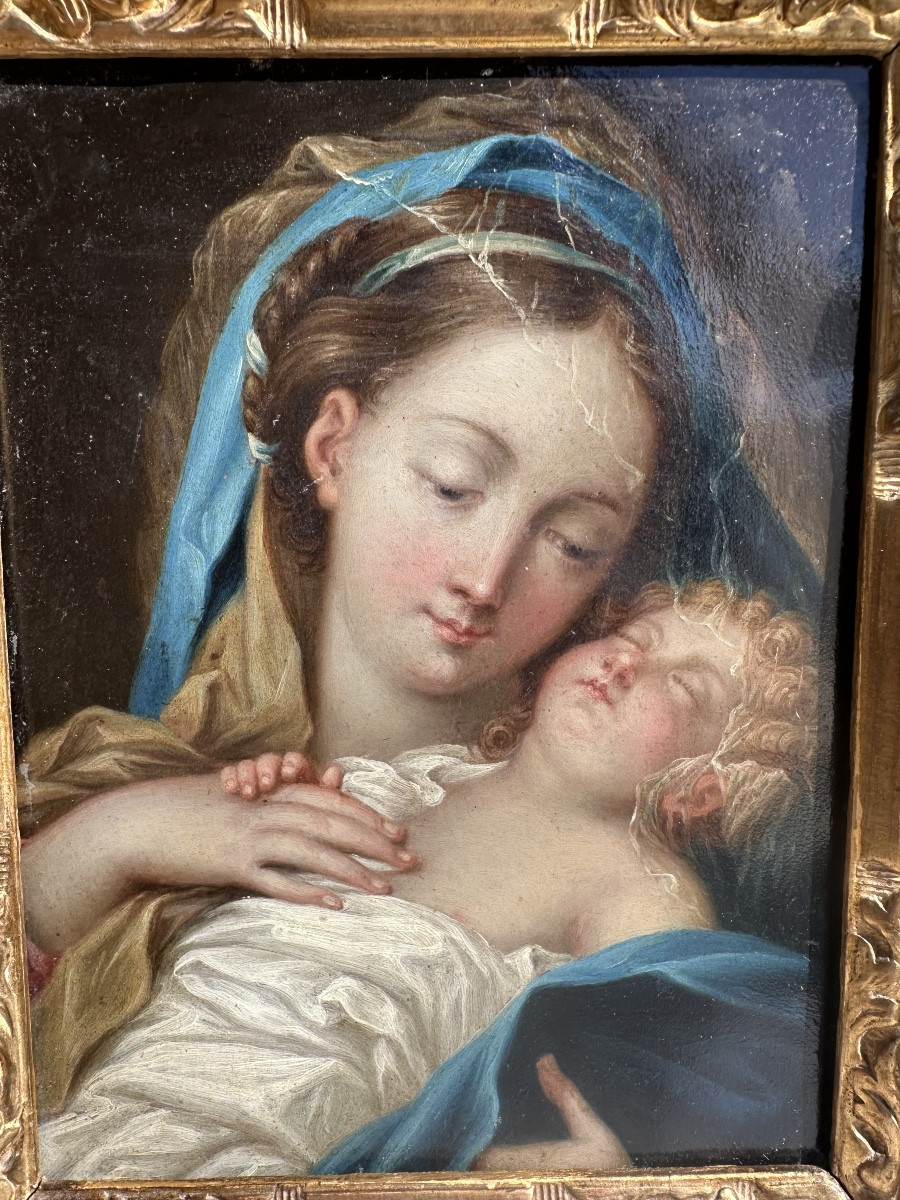 Vierge à l’enfant huile sur cuivre fin 17e début 18e cadre d époque régence en parfait état -photo-4