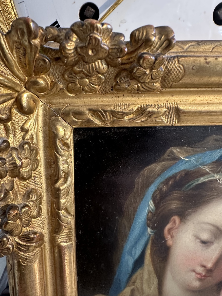 Vierge à l’enfant huile sur cuivre fin 17e début 18e cadre d époque régence en parfait état -photo-2