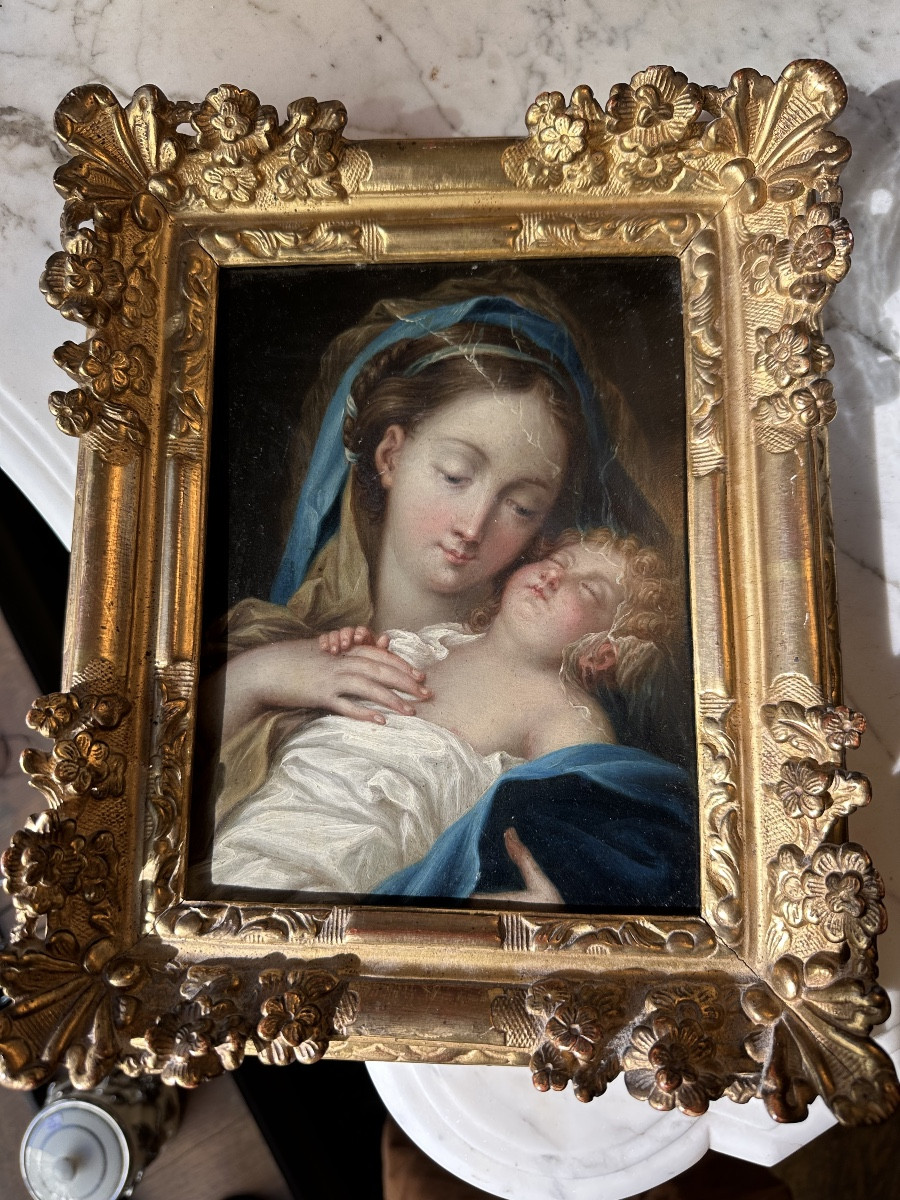 Vierge à l’enfant huile sur cuivre fin 17e début 18e cadre d époque régence en parfait état -photo-4