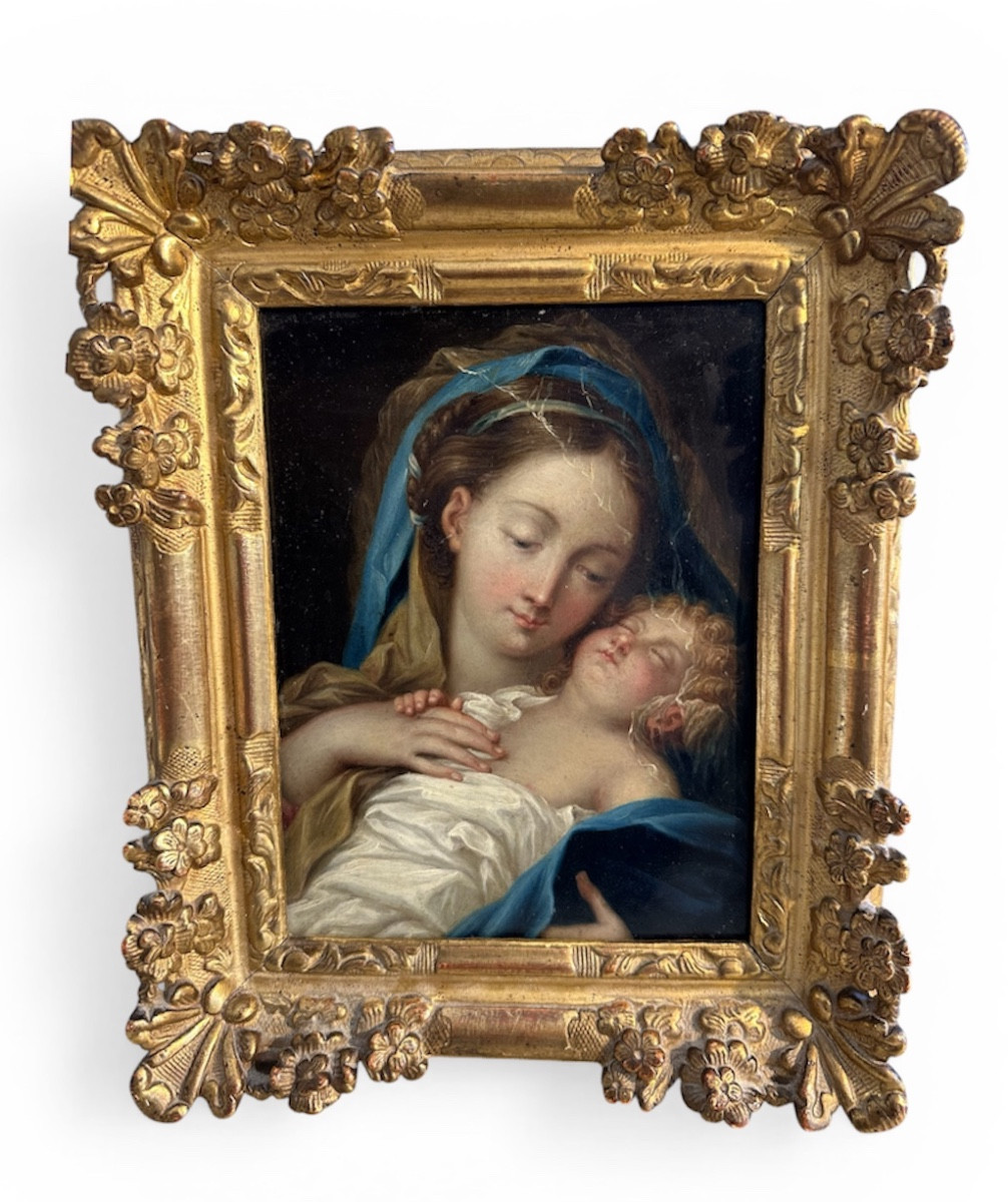 Vierge à l’enfant huile sur cuivre fin 17e début 18e cadre d époque régence en parfait état -photo-5