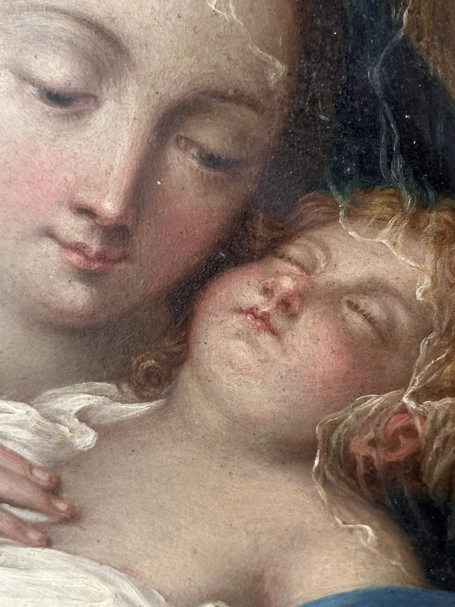 Vierge à l’enfant huile sur cuivre fin 17e début 18e cadre d époque régence en parfait état -photo-7
