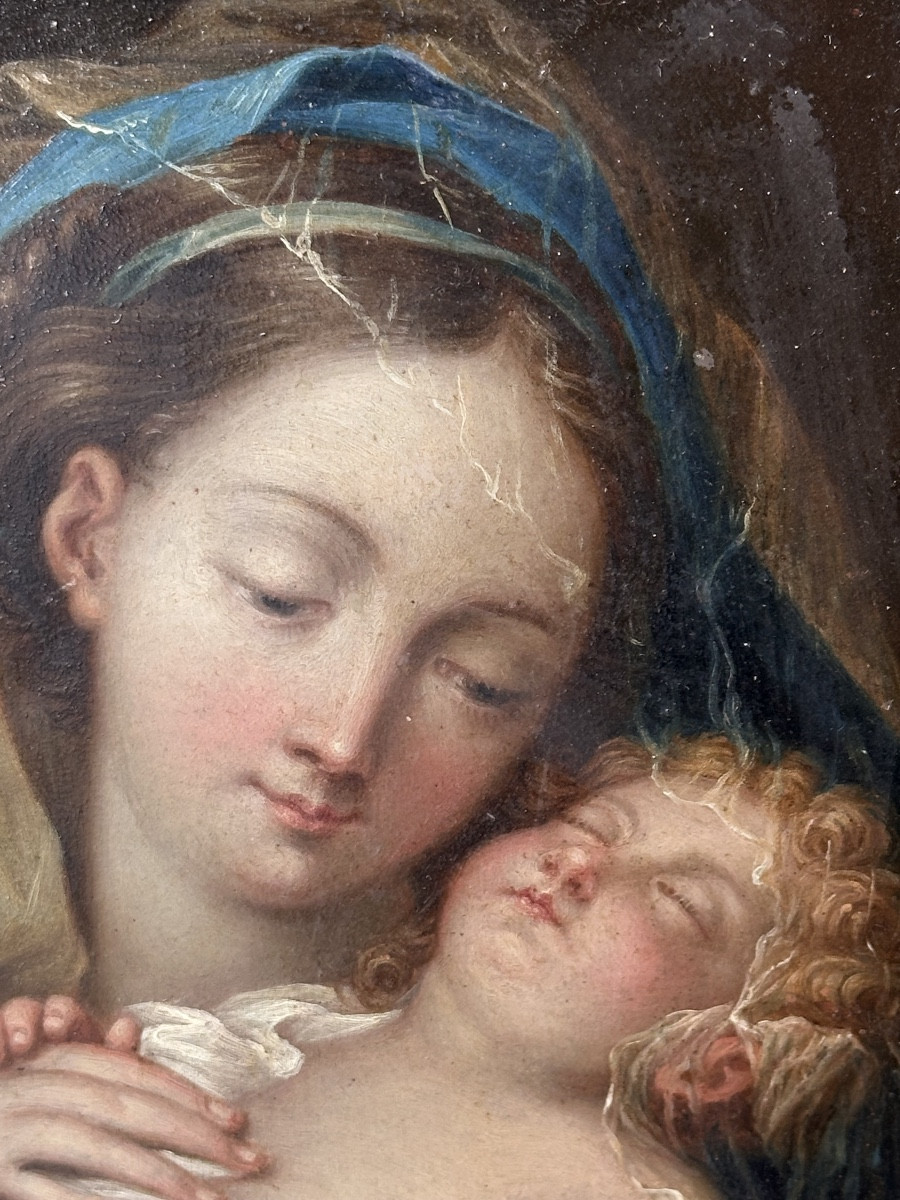 Vierge à l’enfant huile sur cuivre fin 17e début 18e cadre d époque régence en parfait état -photo-8