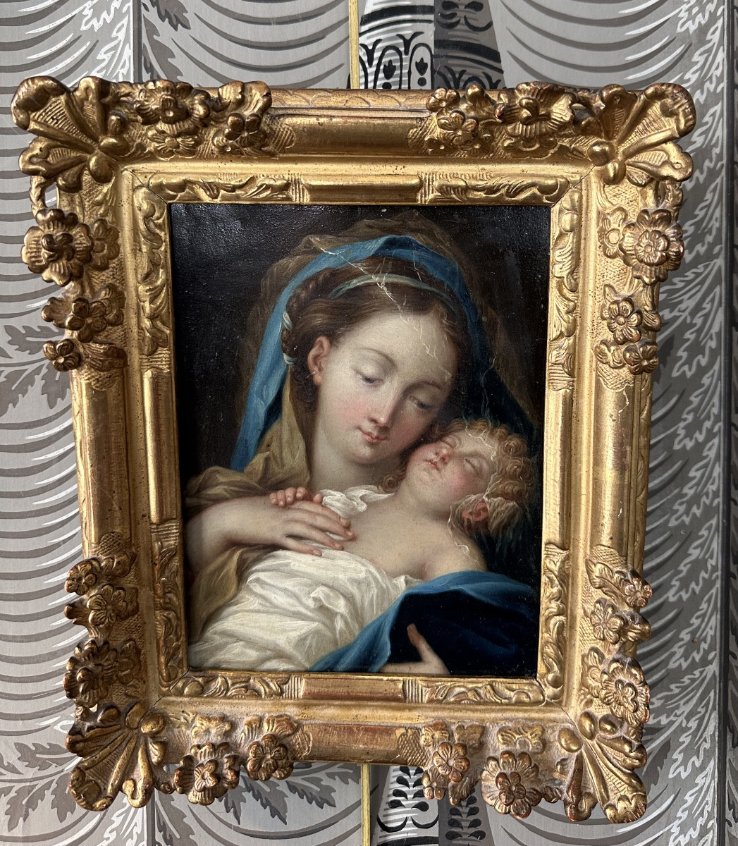 Vierge à l’enfant huile sur cuivre fin 17e début 18e cadre d époque régence en parfait état 