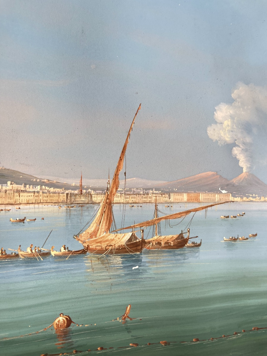 Grande Gouache vue de la baie de Naples XIXeme siècle -photo-2