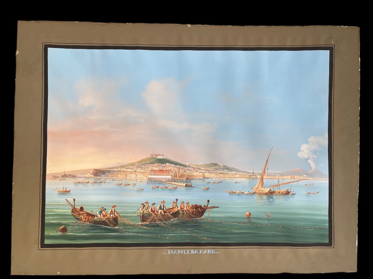 Grande Gouache vue de la baie de Naples XIXeme siècle -photo-1