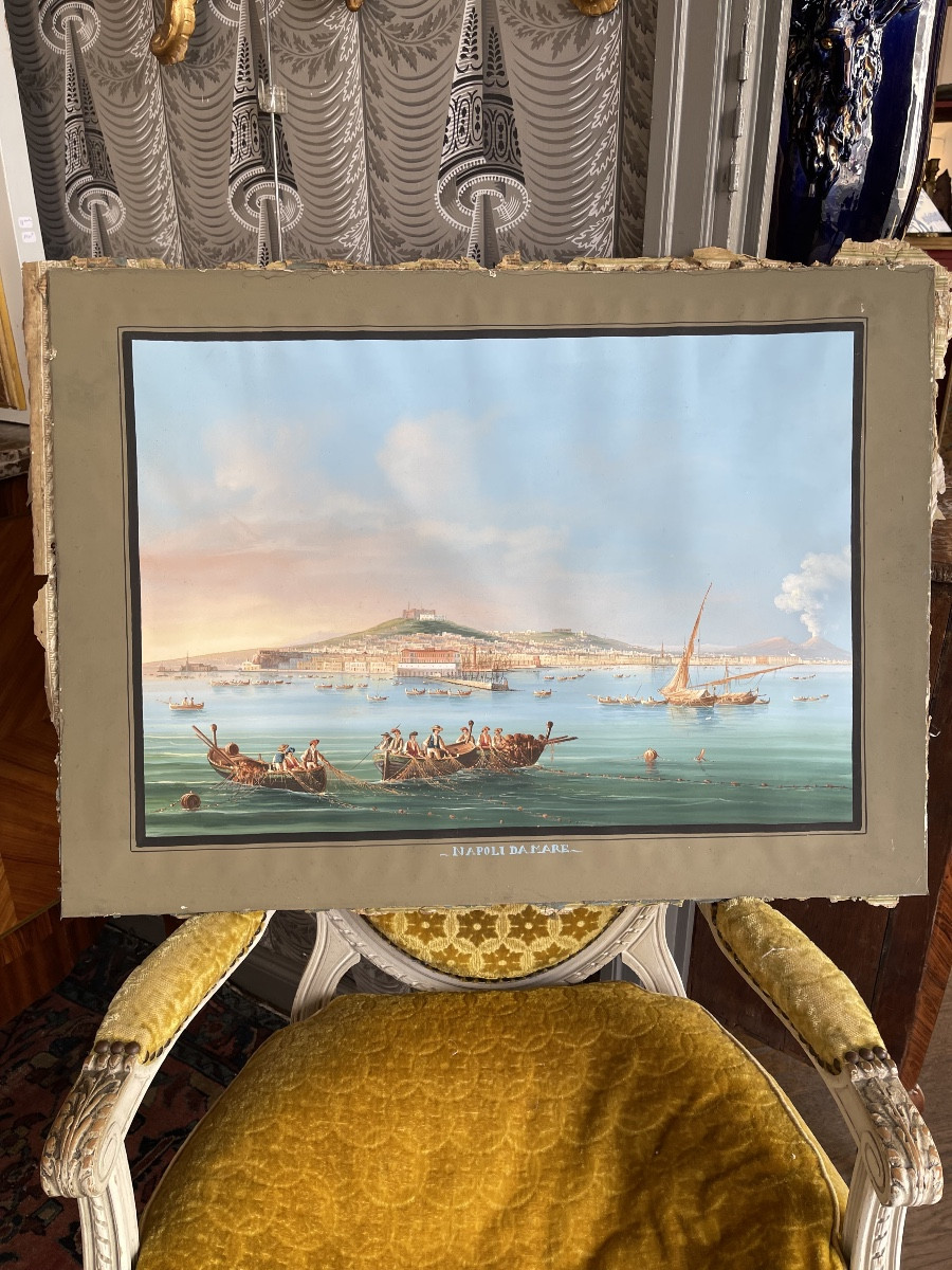 Grande Gouache vue de la baie de Naples XIXeme siècle -photo-2