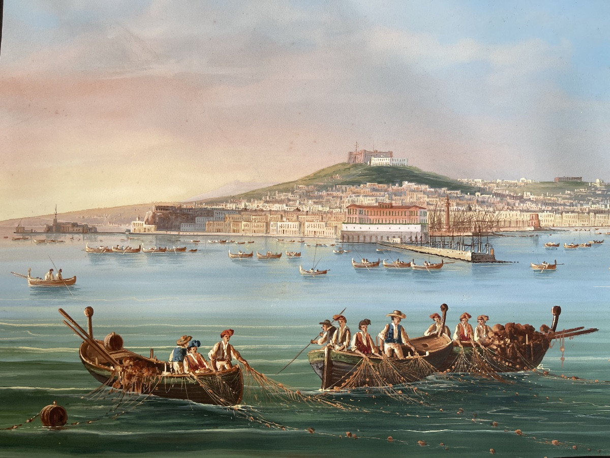 Grande Gouache vue de la baie de Naples XIXeme siècle -photo-3