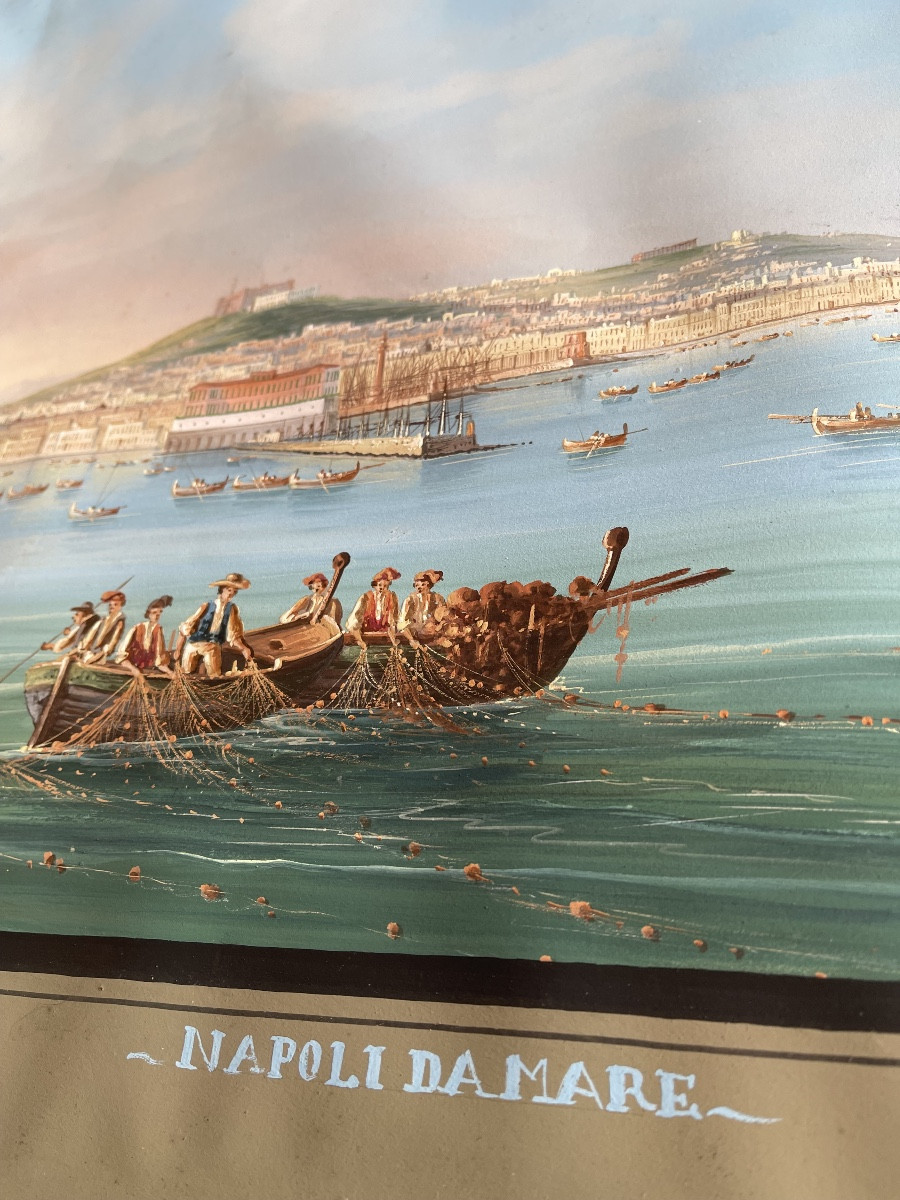 Grande Gouache vue de la baie de Naples XIXeme siècle -photo-6