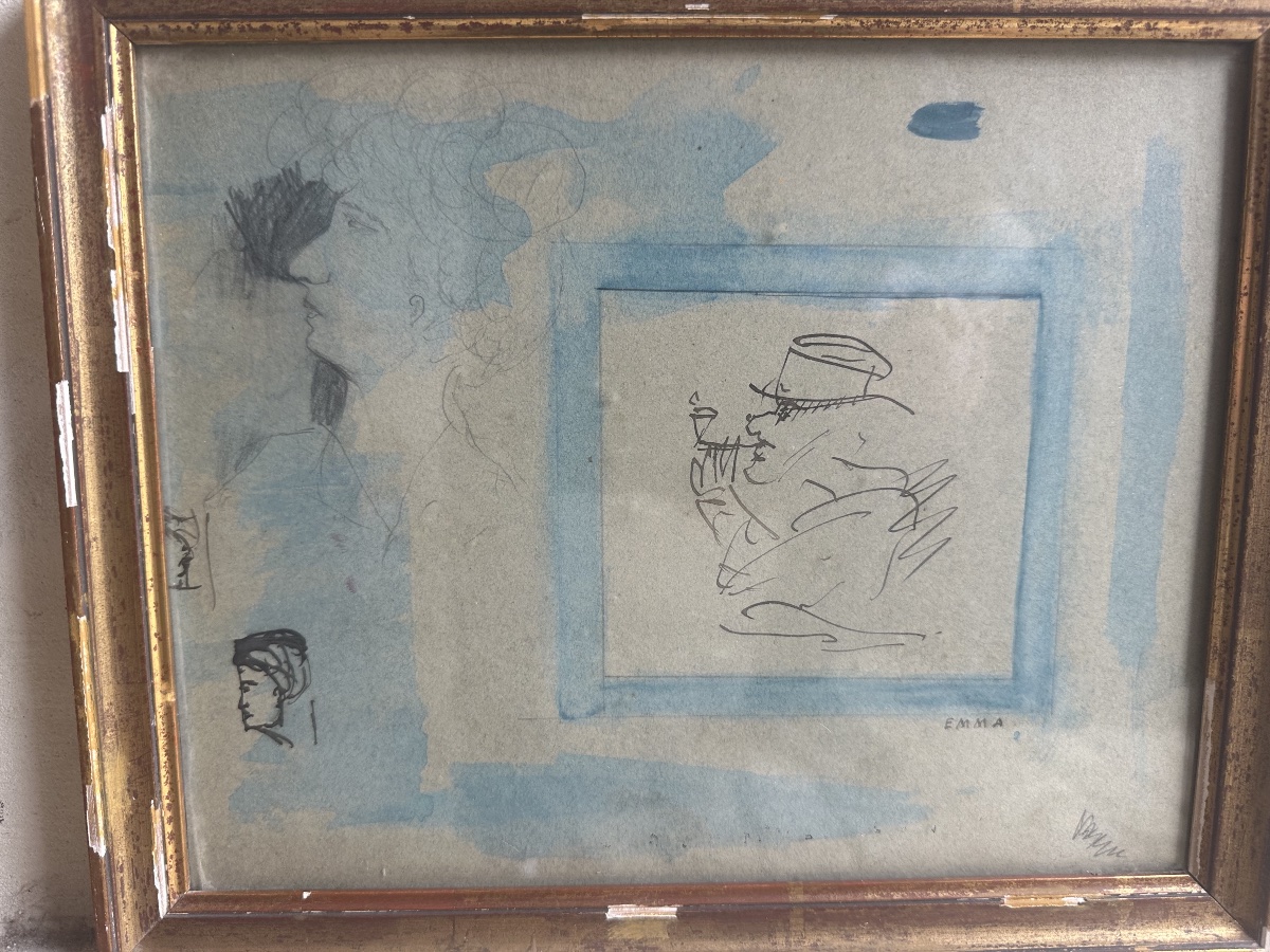 Watercolor Self-portrait Of Anatole France And His Wife Emma