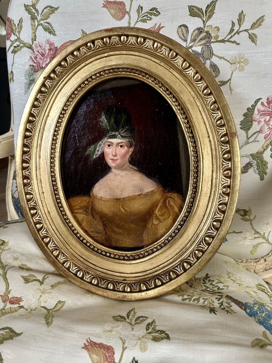Portrait de femme d époque empire huile sur toile-photo-2