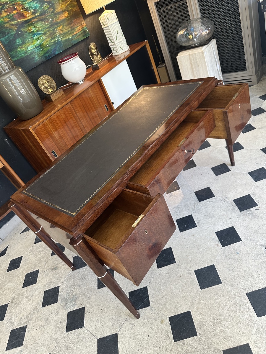 Art Deco Mid-century Flat-top Desk Made Of Palm Wood And Ivory, Attributed To Jules Leleu-photo-4