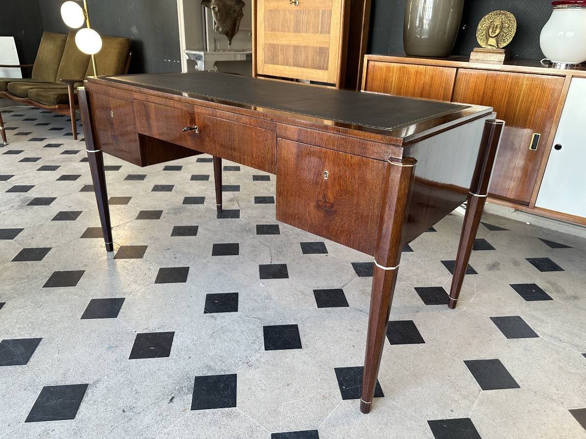 Art Deco Mid-century Flat-top Desk Made Of Palm Wood And Ivory, Attributed To Jules Leleu