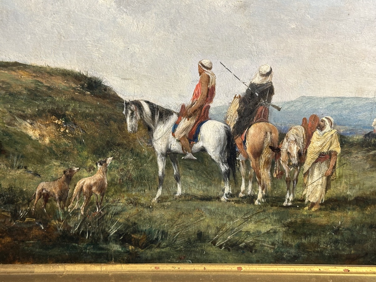 Victor Huguet 1883 cavaliers et chiens huile sur panneau orientaliste -photo-2
