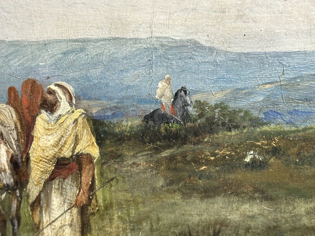 Victor Huguet 1883 cavaliers et chiens huile sur panneau orientaliste -photo-3