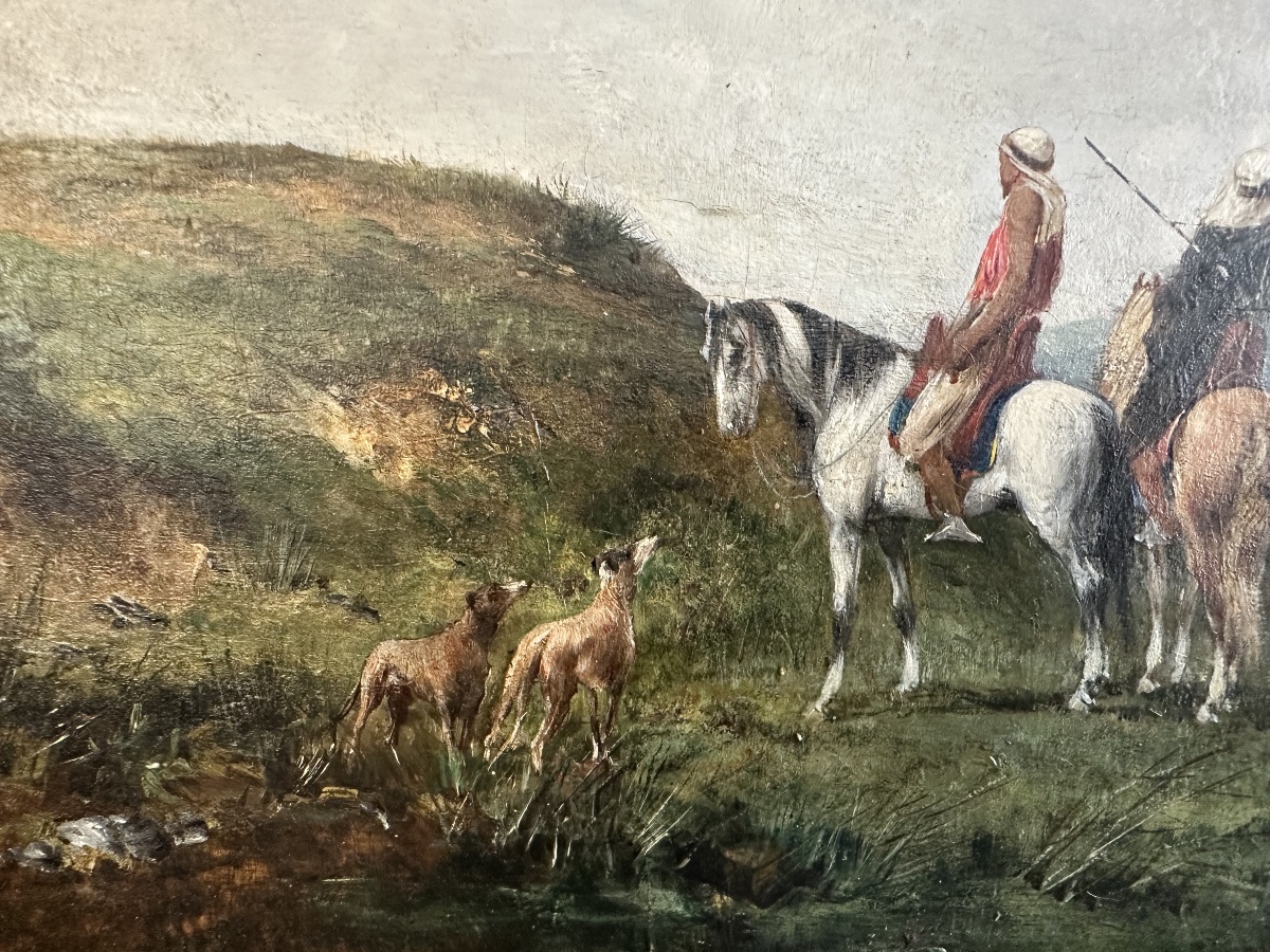 Victor Huguet 1883 cavaliers et chiens huile sur panneau orientaliste -photo-4