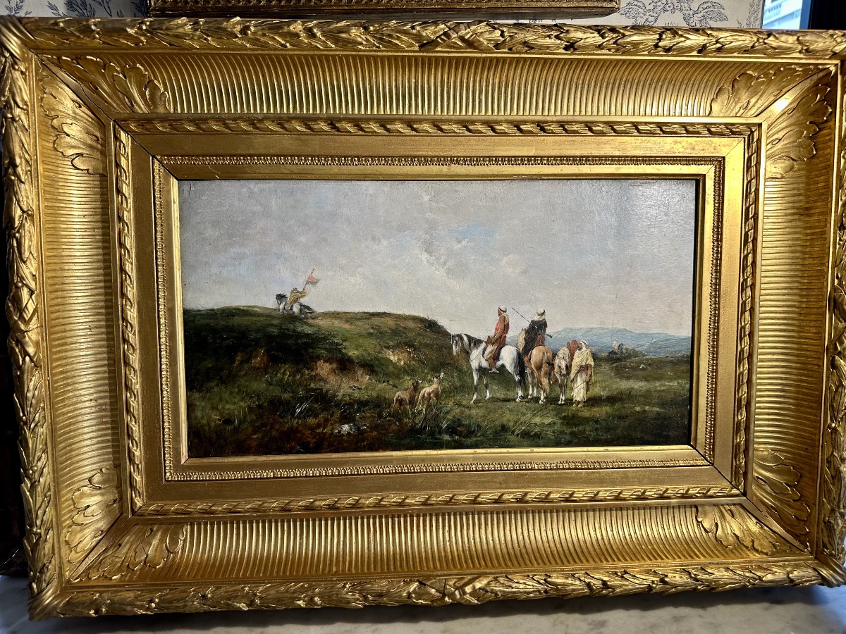Victor Huguet 1883 cavaliers et chiens huile sur panneau orientaliste -photo-5