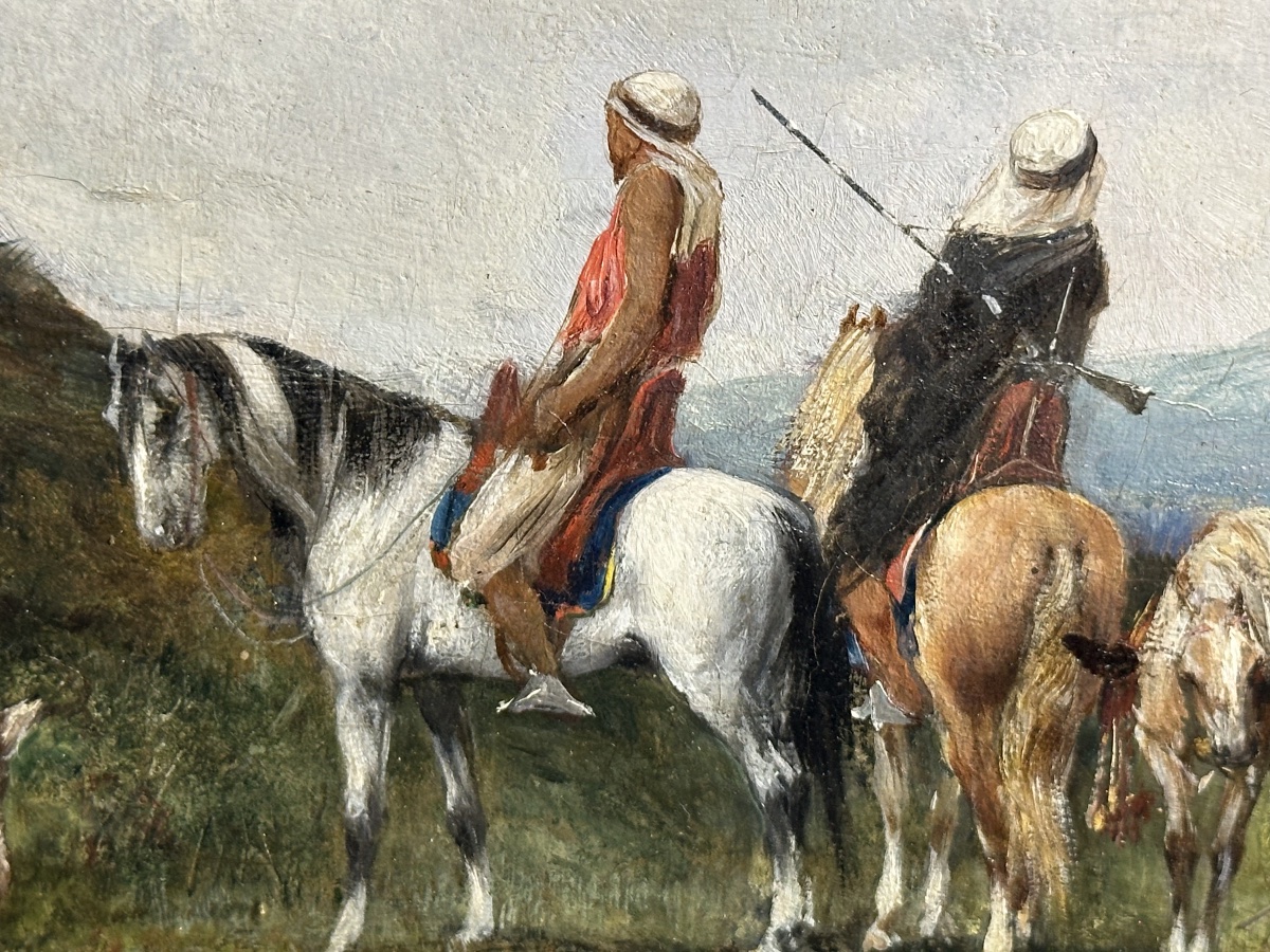 Victor Huguet 1883 cavaliers et chiens huile sur panneau orientaliste -photo-6
