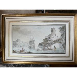 Watercolor 18th Sailboat And Fishermen Monogrammed And Dated 1762